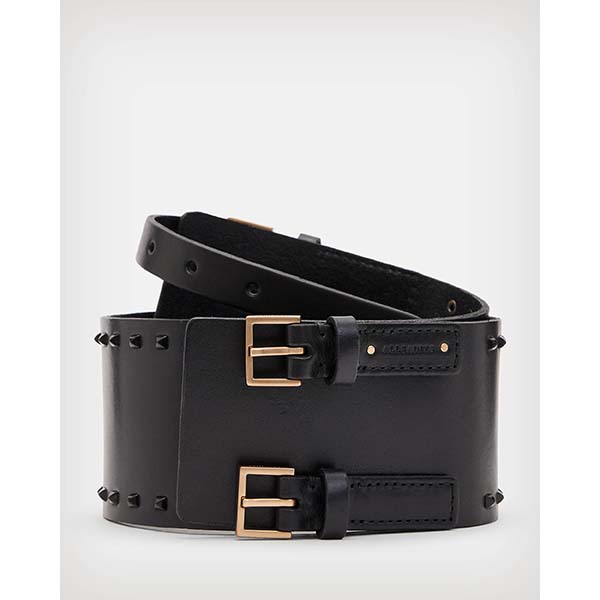 Allsaints Australia Womens Maxie Studded Double Leather Belt Black/Brass AU29-376